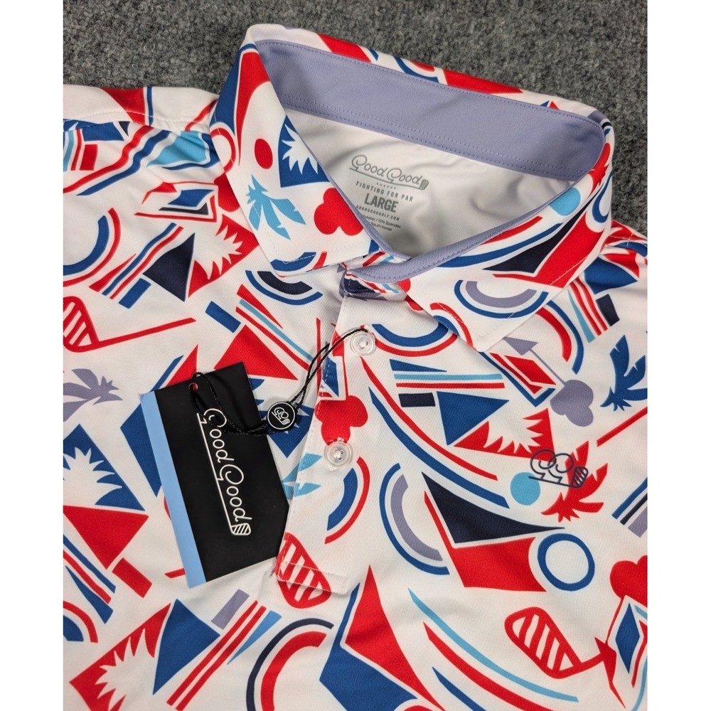 Good Good Golf Proud and True Polo Shirt Mens L Geometric All Over Print NWT..‎